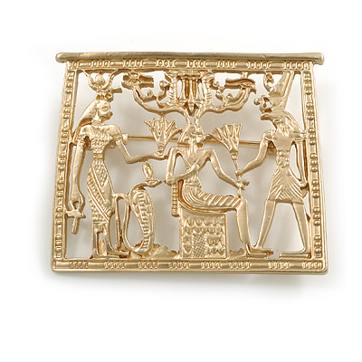 Matte Gold Tone Egyptian Life Square Shape Brooch - 50mm Across - main view