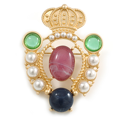 Statement Multicoloured Beaded Royal Crown Brooch in Matte Gold Tone Metal - 55mm Tall - main view