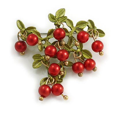 Exquisite Red Berry Floral Green Enamel Brooch - 45mm Across