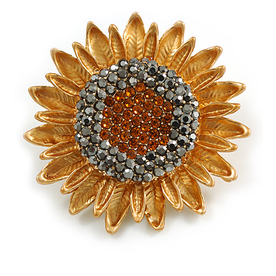 Grey/ Orange Crystal Sunflower Brooch/ Pendant in Gold Tone - 40mm Diameter - main view