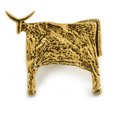 Vintage Inspired Textured Bull Brooch in Aged Gold Tone - 45mm Across