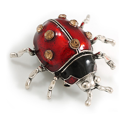 Red/ Black Enamel Citrine Crystal Ladybug/ Ladybird Brooch in Aged Silver Tone - 45mm Wide - main view