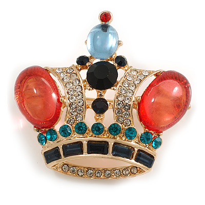 Multicoloured Crystal/ Glass Bead Crown Brooch in Gold Tone - 452mm Across - main view