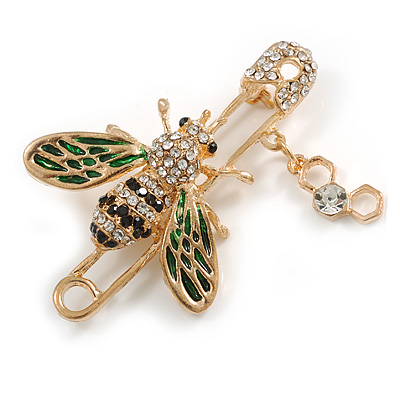 Crystal Bee with Honeycomb Safety Pin in Gold Tone Brooch - 50mm Across