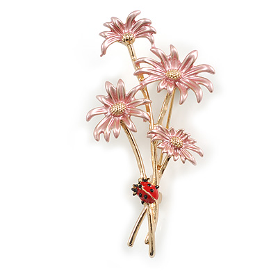Pink Enamel Daisy Floral and Red Enamel Lady Bug Brooch/ Pendant in Gold Tone - 60mm Tall - main view