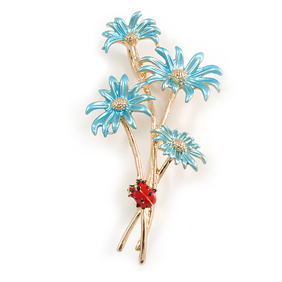 Light Blue Enamel Daisy Floral and Red Enamel Lady Bug Brooch/ Pendant in Gold Tone - 60mm Tall - main view