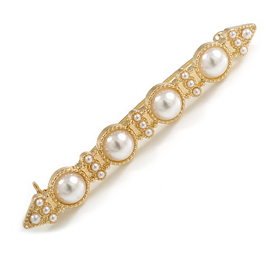 Vintage Inspired White Faux Pearl Beaded Bar Brooch in Gold Tone - 55mm Across