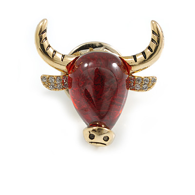 Small Red Resin with Clear CZ Bull Head Pin Brooch in Gold Tone - 20mm Across - main view
