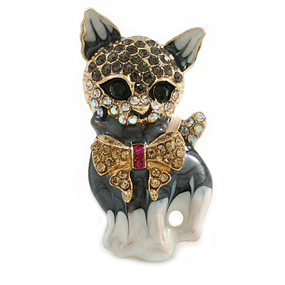 Cute Crystal Enamel Kitty/ Cat Brooch In Gold Tone (Grey/White/Citrine) - 40mm Tall - main view