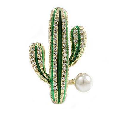 Green Enamel Clear Crystal Cactus Floral Brooch in Gold Tone - 40mm Tall