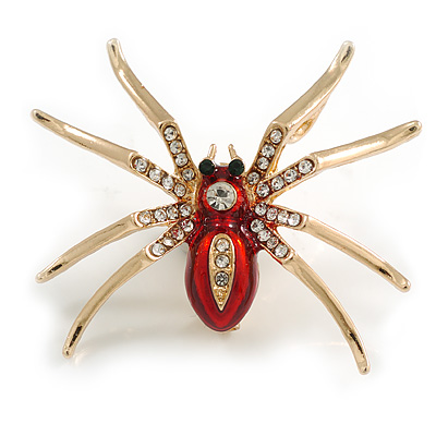 Red Enamel Clear Crystal Spider Brooch/ Pendant In Gold Tone - 50mm Across - main view
