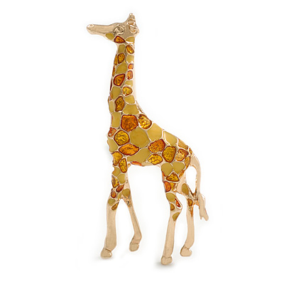 Striking Orange/Yellow Enamel Giraffe Brooch in Gold Tone - 60mm Tall - main view