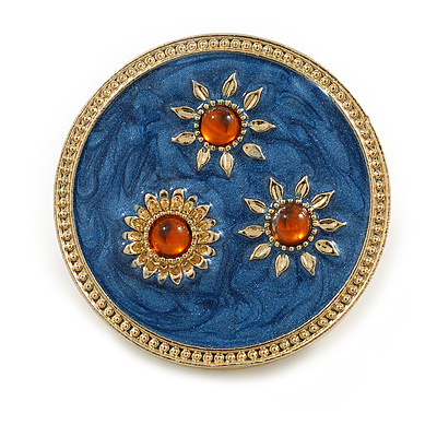 Round Blue Enamel Sunflowers Floral Motif Brooch in Gold Tone - 35mm Diameter