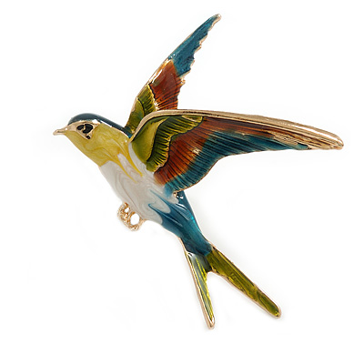 Multicoloured Enamel Swallow Bird Brooch In Gold Tone - 50mm Long