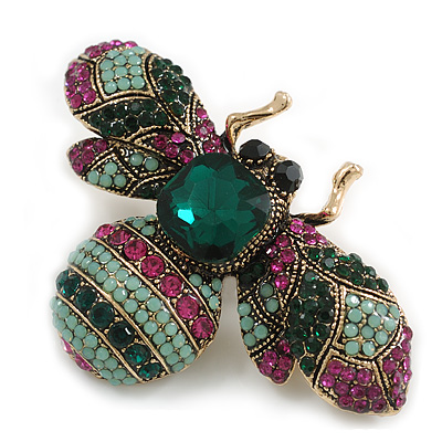 Vintage Inspired Large Statement Crystal Bee Brooch In Aged Gold Tone (Green,Magenta,Mint Hues) - 60mm Across