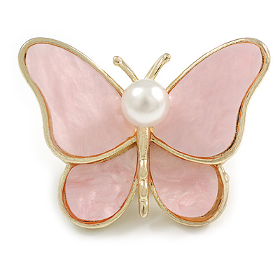 Light Pink Glass Butterfly Brooch/ Pendant in Gold Tone - 40mm Across - main view