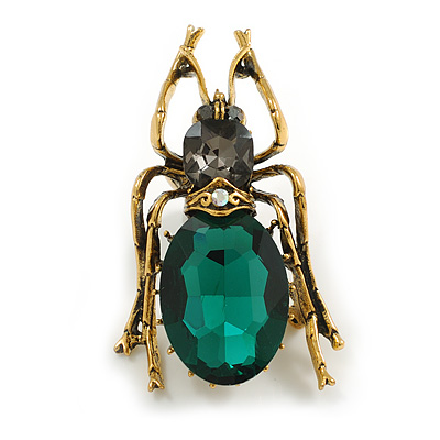 Striking Green/Grey Glass Stone Beetle/ Bug Brooch in Aged Gold Tone Metal - 55mm Tall - main view