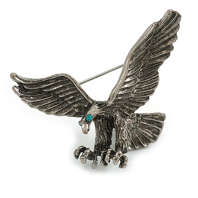Striking Eagle Bird Brooch in Gun Metal Finish - 45mm Across - main view