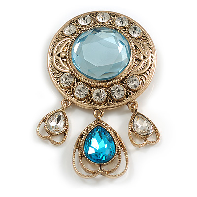 Victorian Inspired Clear/Light Blue Glass Stone Round Textured Charm Brooch in Aged Gold Tone - 65mm L - main view