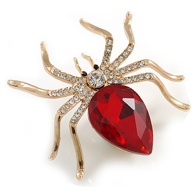Clear/ Red Crystal Spider Brooch In Gold Tone - 50mm Across - main view