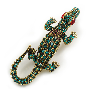 Teal/Pink Crystal Crocodile/ Alligator Brooch/Pendant in Aged Gold Tone Metal - 75mm Across - main view