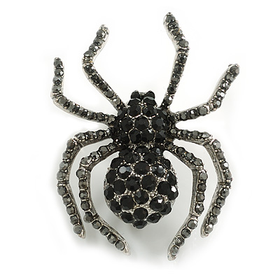 Vintage Inspired Black/Grey Crystal Spider Brooch In Silver Tone Metal - 50mm Tall - main view