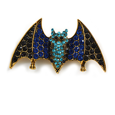 Blue/Black Crystal Bat Brooch/Pendant In Aged Gold Tone Metal - 60mm Across - main view