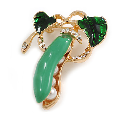 Green Enamel White Pearl Bead Clear Crystal Pea Pod Brooch in Gold Tone - 40mm Tall - main view