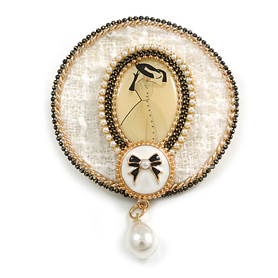Vintage Inspired Pearl Beaded White Fabric Brooch/Hair Clip with 'Elegant Lady' Motif - 60mm Wide - main view