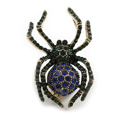 Vintage Inspired Blue/Green Crystal Spider Brooch In Gold Tone Metal - 50mm Tall