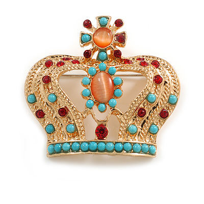 Multicoloured Crystal/ Acrylic Bead Crown Brooch/ Pendant in Gold Tone - 42mm Across - main view