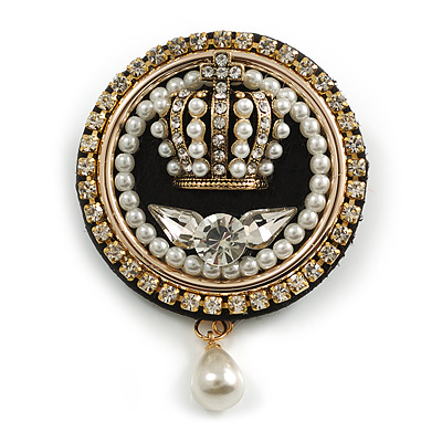 Victorian Royal Style Round Crystal Pearl Beaded Crown Brooch in Gold Tone - 45mm Long - main view