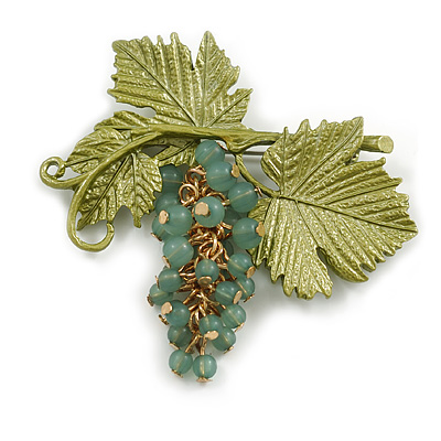 Exquisite Acrylic Beaded Grapes with Enamel Leaves Brooch in Gold Tone - 60mm Across - main view