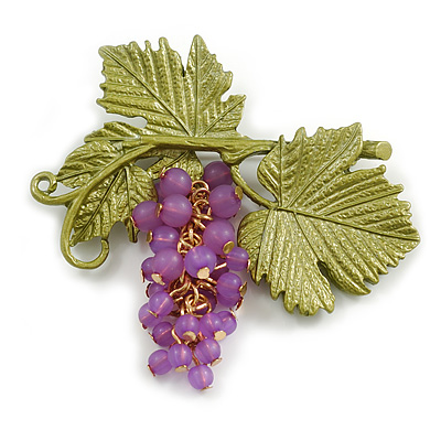 Exquisite Purple Acrylic Beaded Grapes with Enamel Leaves Brooch in Gold Tone - 60mm Across - main view