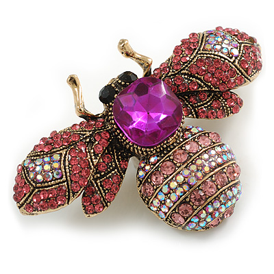 Vintage Inspired Large Statement Crystal Bee Brooch In Aged Gold Tone (Pink, Fuchsia Hues) - 60mm Across - main view
