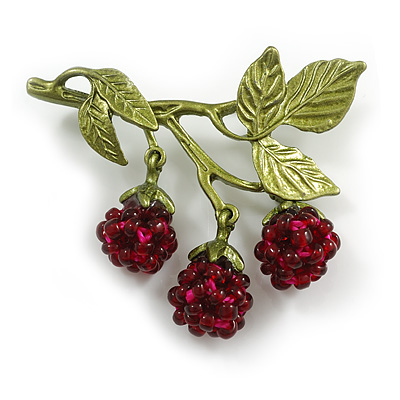 Sweet Purple Red Glass Beaded Berry With Green Enamel Leaves Brooch - 45mm Across - main view