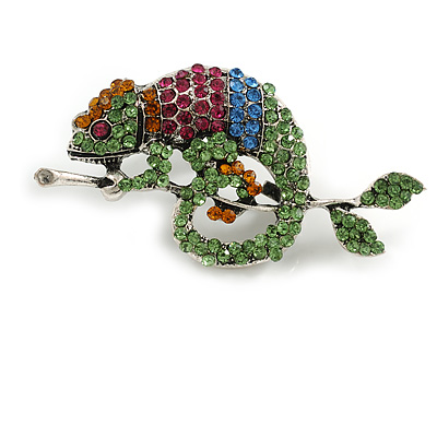 Vintage Inspired Multicoloured Crystal Chameleon Brooch/ Pendant in Aged Silver Tone Metal - 55mm Across - main view