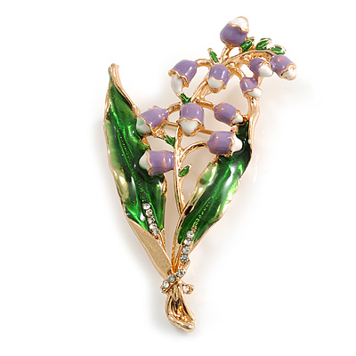 Lavender/White/Green Enamel Crystal Lilies Of The Valley Floral Brooch/Pendant in Gold Tone - 55mm Tall - main view