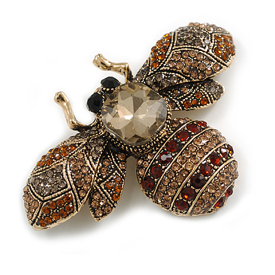 Vintage Inspired Large Statement Crystal Bee Brooch In Aged Gold Tone (Brown/Amber/Citrine Hues) - 60mm Across - main view