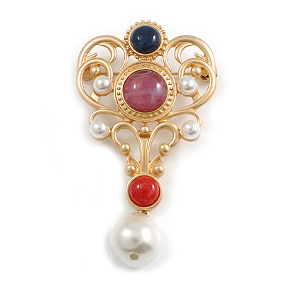 Victorian Inspired Acrylic, Faux Pearl Beaded Charm Royal Style Brooch In Matte Gold Tone - 75mm Long - main view