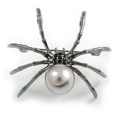 Faux Pearl Crystal Spider Brooch/Pendant in Gun Metal Finish (Grey/Black) - 50mm Across - main view