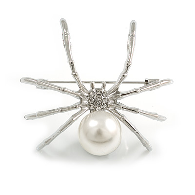 Faux Pearl Crystal Spider Brooch/Pendant in Silver Tone Metal (White/Clear) - 50mm