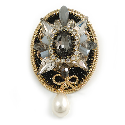 Victorian Style Grey/Clear Crystal and Acrylic Stone Charm Oval Brooch In Gold Tone/ 65mm L - main view