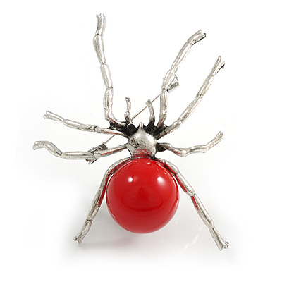 Statement Red Acrylic Spider Brooch in Silver Tone - 65mm Tall