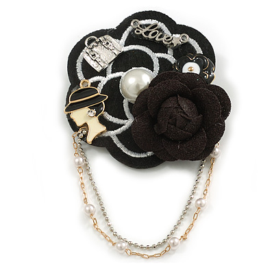 Handmade Flower with Multi Charm Fabric/Felt Brooch with Beaded Chains - 90mm Total Drop - main view