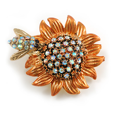 AB Crystal Orange Enamel Sunflower with Bee Motif Floral Brooch In Gold Tone - 35mm Across