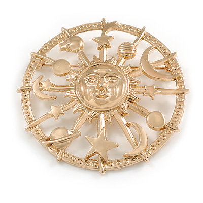 Polished Gold Tone Sun/Moon/Stars Brooch - 50mm Diameter - main view