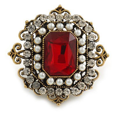 Victorian Style Layered Square Red/Clear Crystal Pearl Brooch in Aged Gold Tone - 45mm Tall - main view