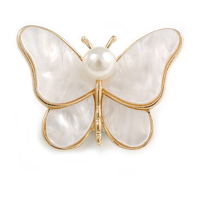 White Resin Bead Butterfly Brooch in Gold Tone - 40mm Across - main view