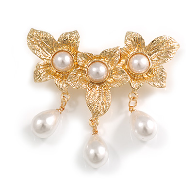 Gold Tone Textured White Faux Pearl Triple Flower Brooch - 60mm Across - main view